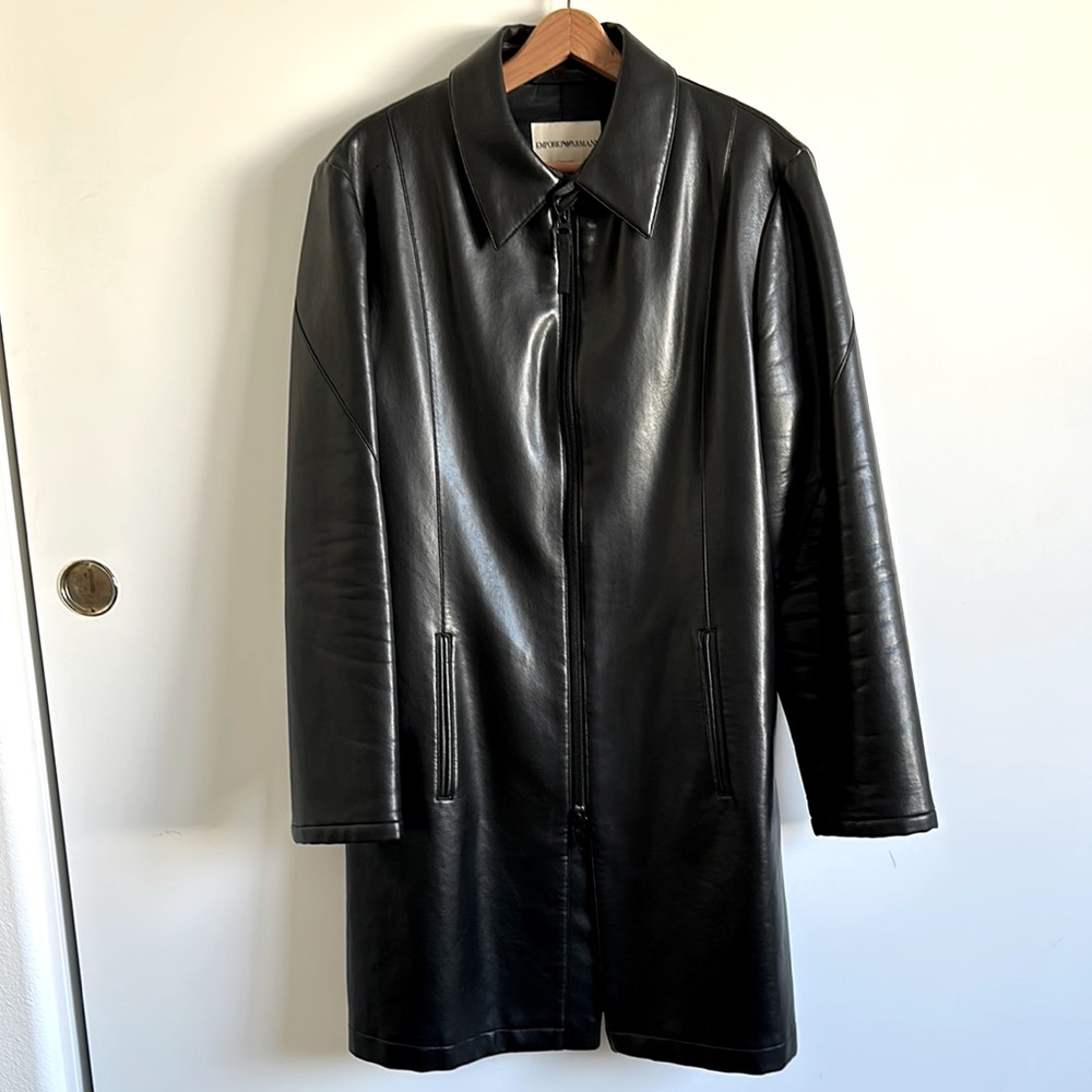 Emporio Armani Black Faux Leather Coat Zipper Front Size 52 Italian